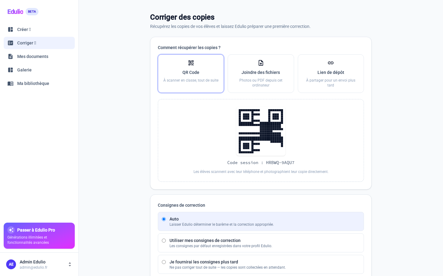 Correction de copies Edulio : QR code de session et choix des consignes de correction
