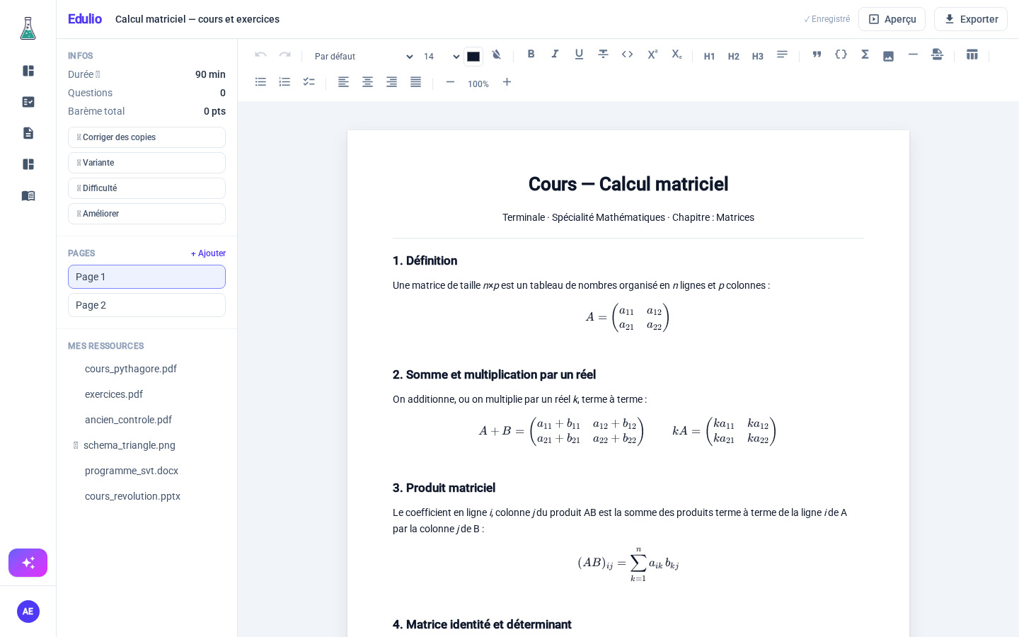 Éditeur Edulio : cours de mathématiques avec formules, exercices et blocs déplaçables