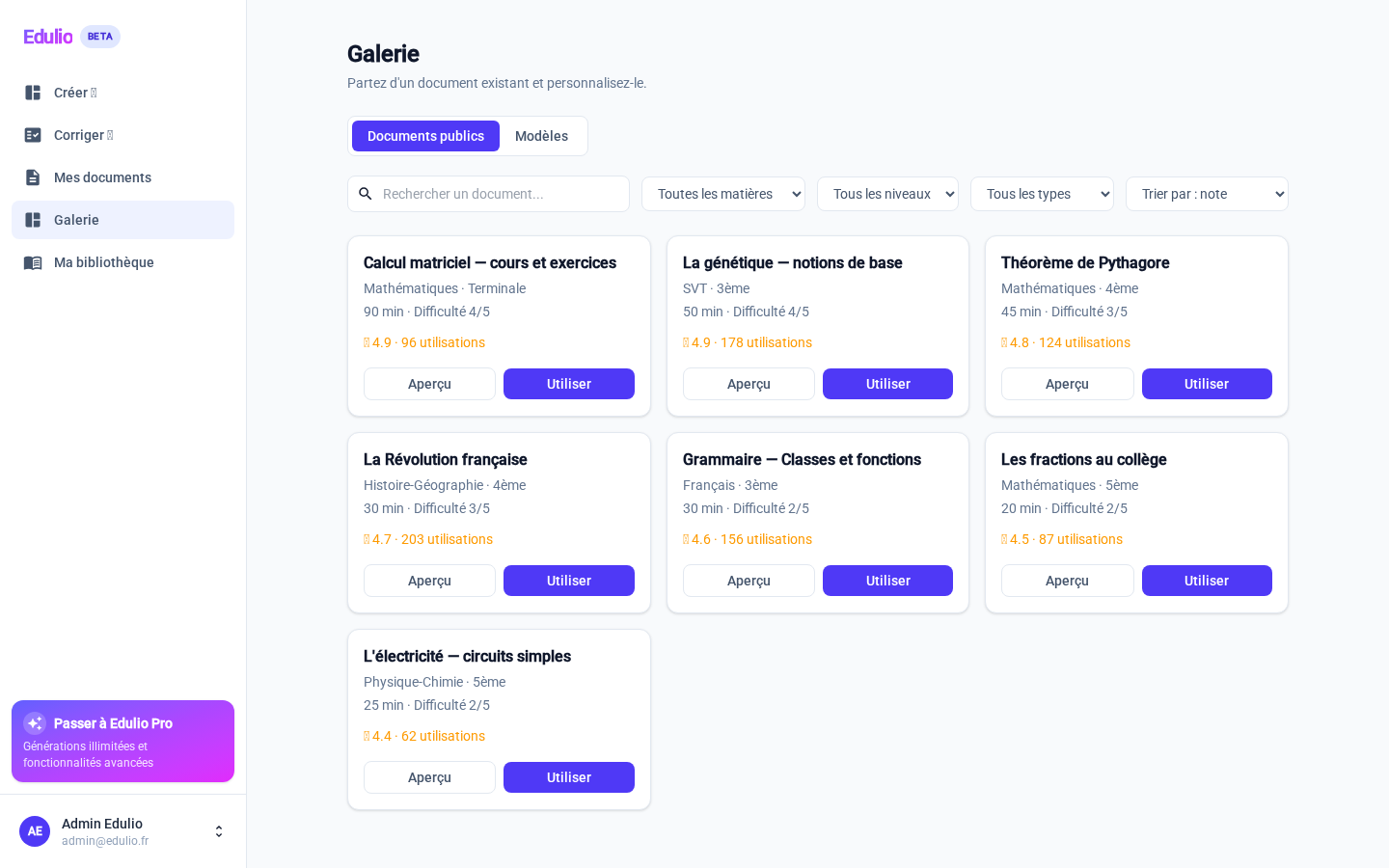 Galerie Edulio : documents publics filtrables par matière et niveau
